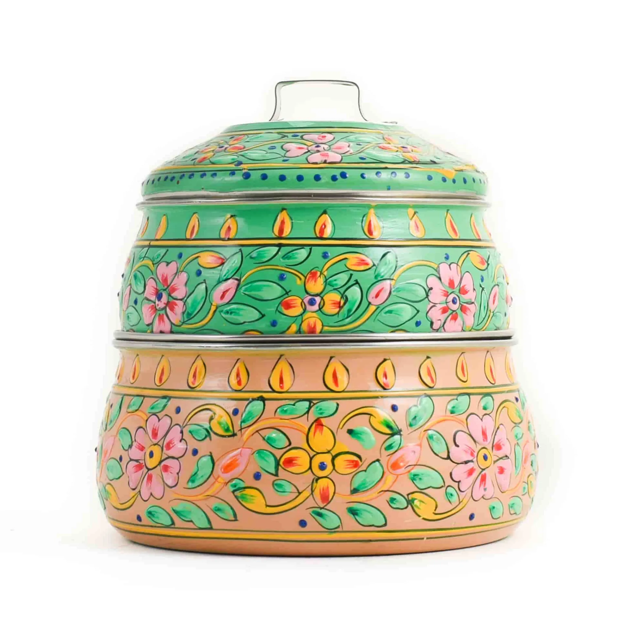 Indian Tiffin Hand Painted Two Tier Pink & Green Tiffin Tin, 750ml Clearance