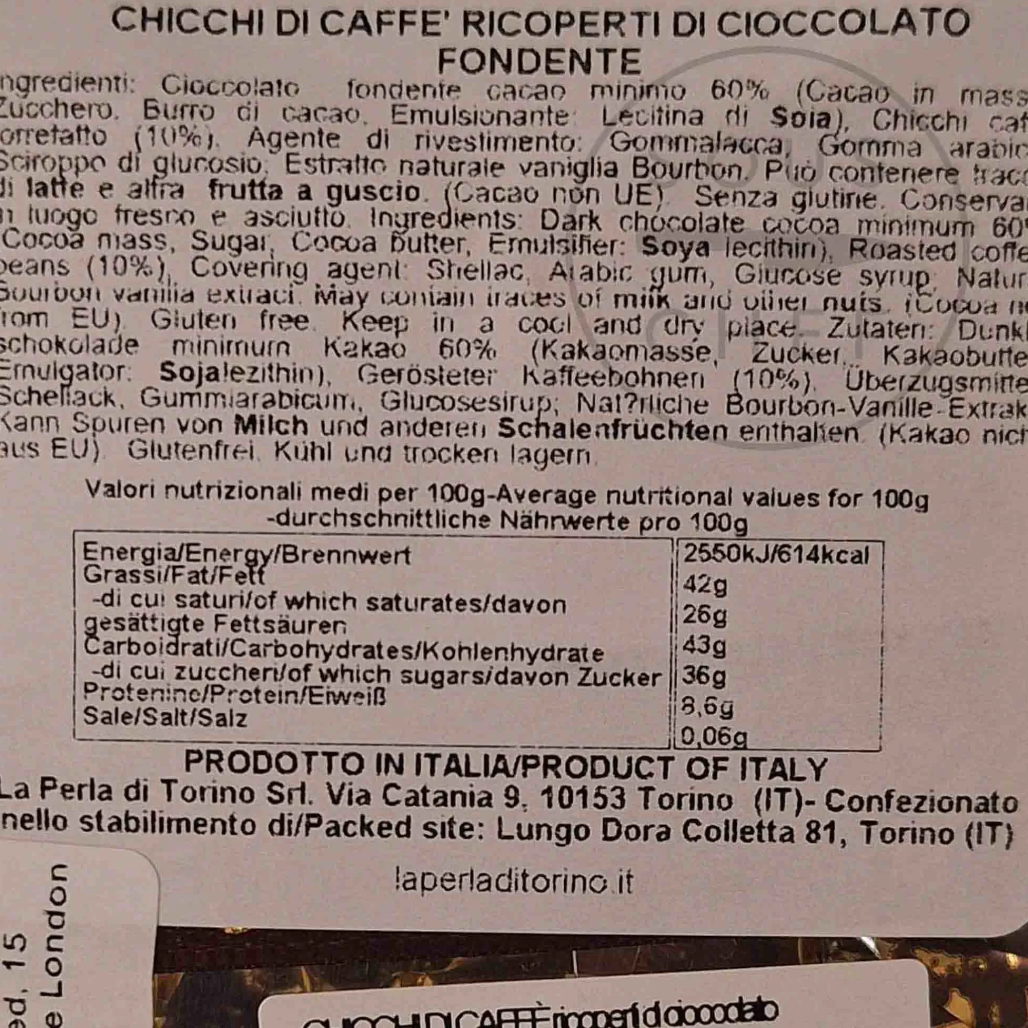 La Perla di Torino Dark Chocolate Coated Coffee Beans, 120g Clearance