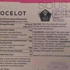 Ocelot Organic Dark Chocolate & Sea Salt Chocolate Bar, 70g New