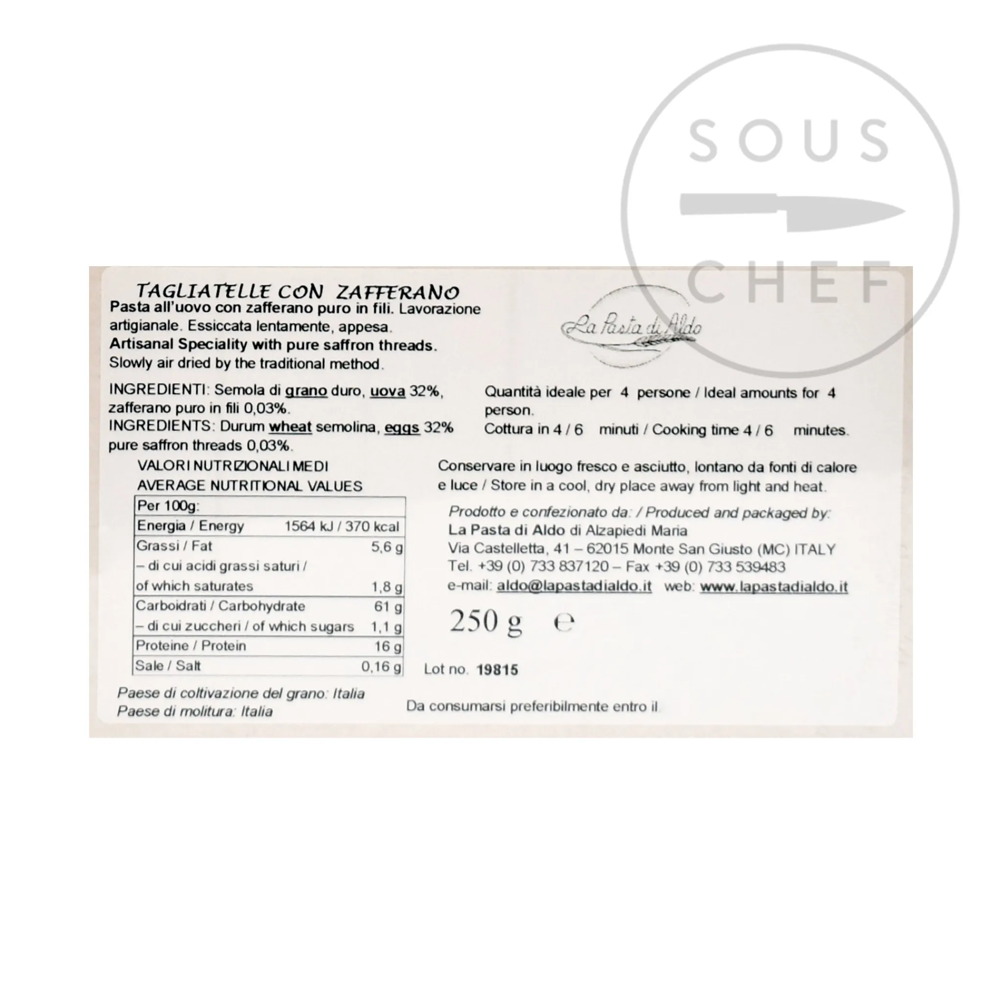 Pasta di Aldo Saffron Tagliatelle Egg Pasta, 250g