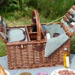Les Jardin de la Comtesse Saint-Germain Green Gingham Picnic Basket, 4 Person Outlet