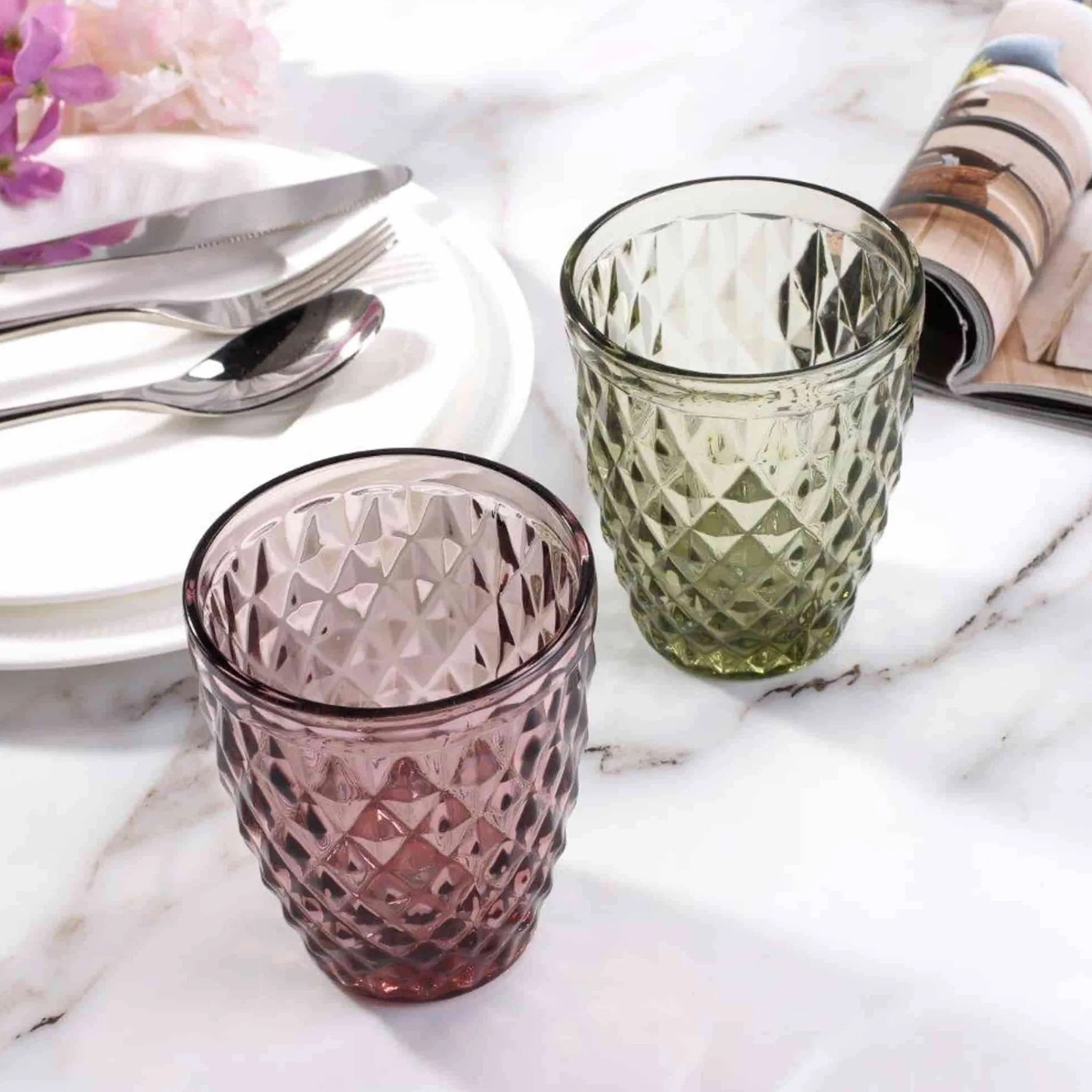 Bright Glassware Set of 6 Purple Diamond Tumblers, 270ml Hot