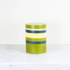 British Colour Standard Striped Pillar Candle, Olive & Navy, 10cm Best