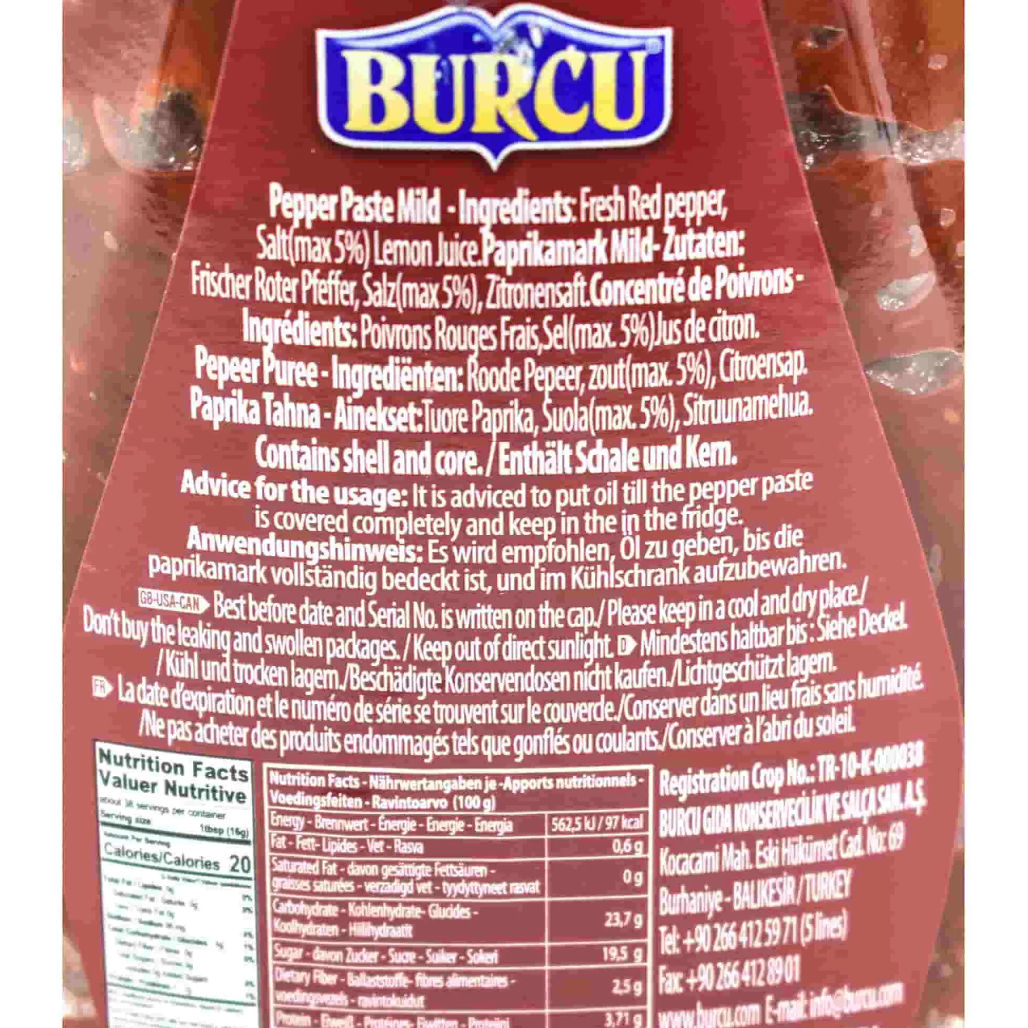 Burcu Turkish Mild Pepper Paste - Biber Salcasi, 600g New